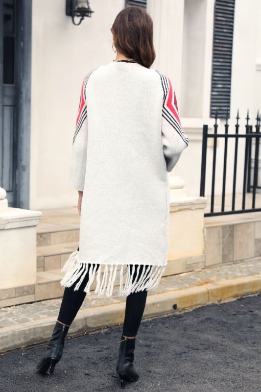 Angel Wings Geometric Fringe Hem Open Front Duster Cardigan - ShalayeFashion