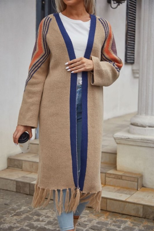 Angel Wings Geometric Fringe Hem Open Front Duster Cardigan - ShalayeFashion