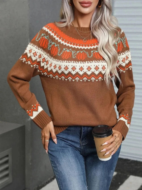 Angel Wings Geometric Round Neck Long Sleeve Sweater - ShalayeFashion
