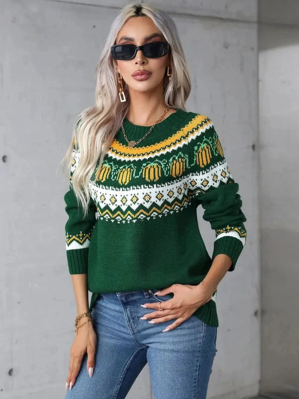 Angel Wings Geometric Round Neck Long Sleeve Sweater - ShalayeFashion