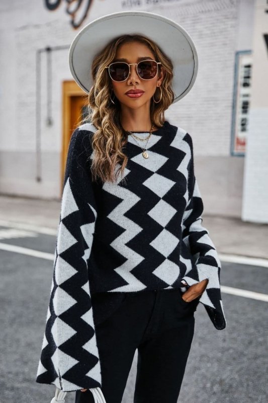 Angel Wings Geometric Slit Flare Sleeve Round Neck Sweater - ShalayeFashion