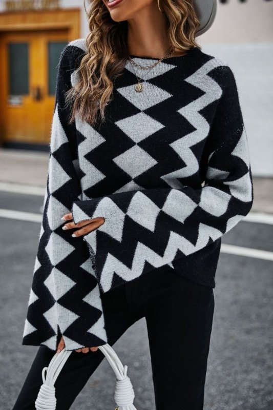 Angel Wings Geometric Slit Flare Sleeve Round Neck Sweater - ShalayeFashion