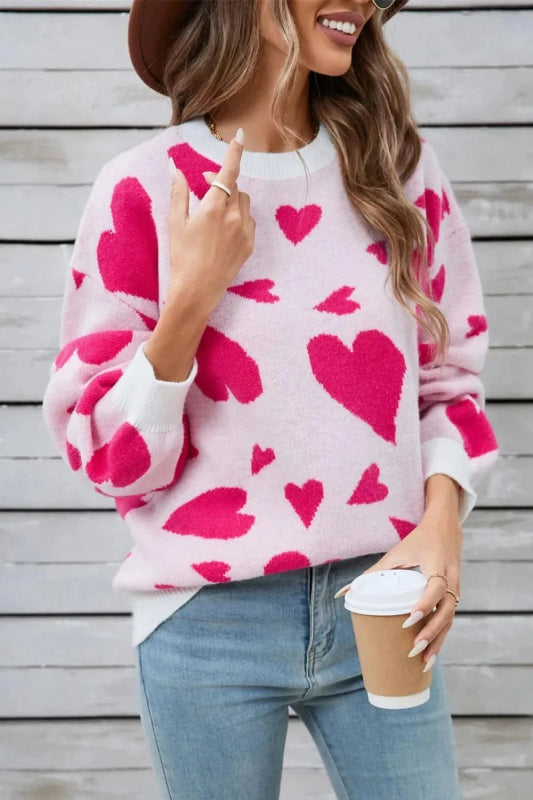 Angel Wings Heart Contrast Round Neck Long Sleeve Sweater - ShalayeFashion