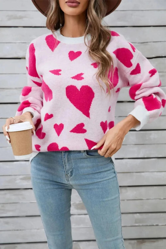 Angel Wings Heart Contrast Round Neck Long Sleeve Sweater - ShalayeFashion