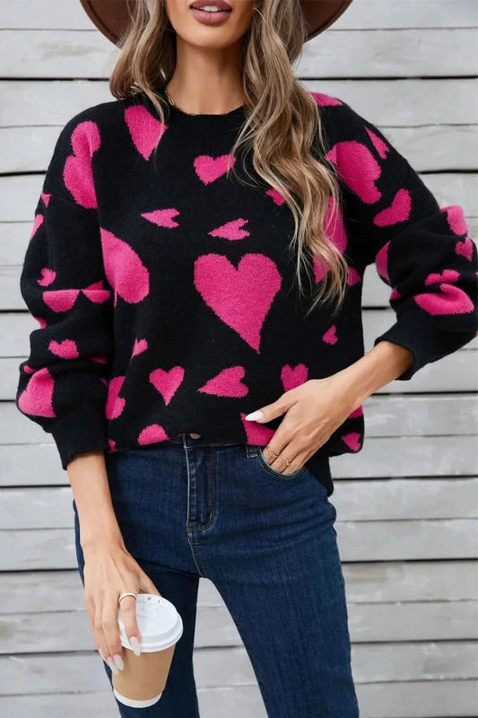 Angel Wings Heart Contrast Round Neck Long Sleeve Sweater - ShalayeFashion