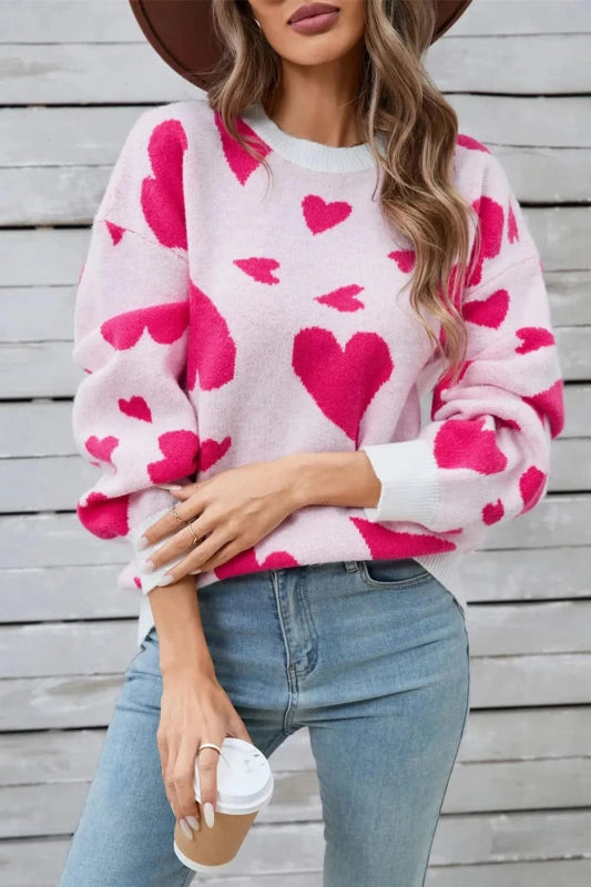 Angel Wings Heart Contrast Round Neck Long Sleeve Sweater - ShalayeFashion