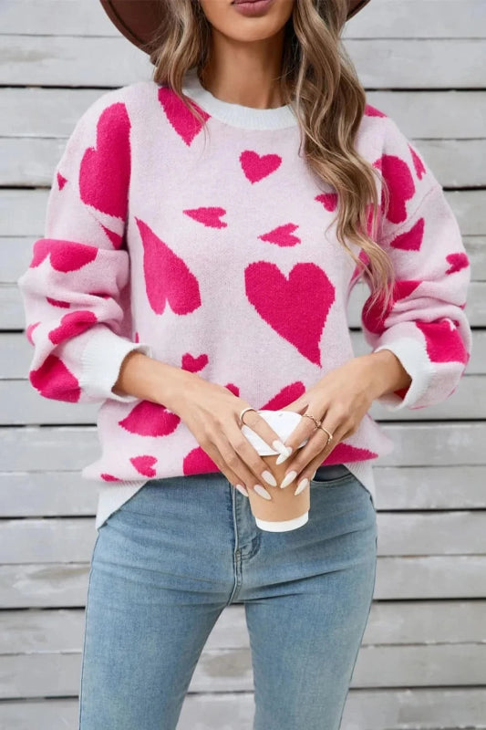 Angel Wings Heart Contrast Round Neck Long Sleeve Sweater - ShalayeFashion