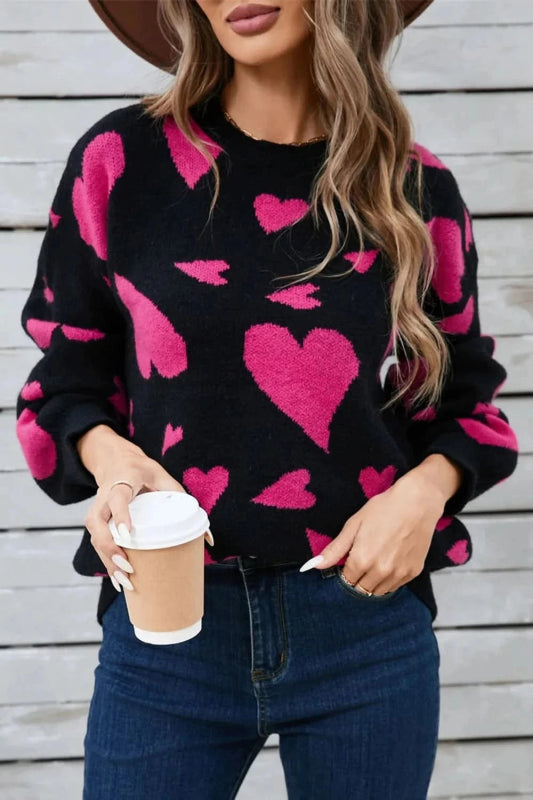 Angel Wings Heart Contrast Round Neck Long Sleeve Sweater - ShalayeFashion