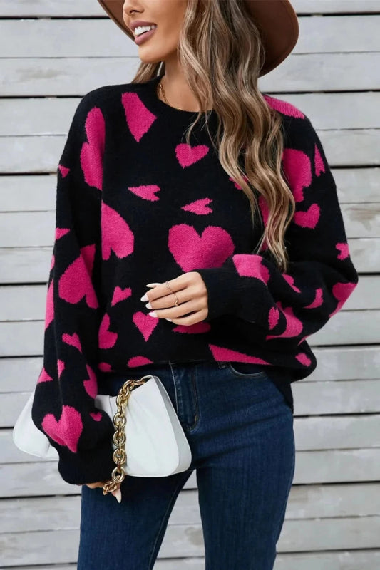 Angel Wings Heart Contrast Round Neck Long Sleeve Sweater - ShalayeFashion