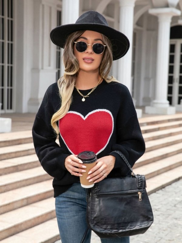 Angel Wings Heart Graphic Round Neck Sweater - ShalayeFashion