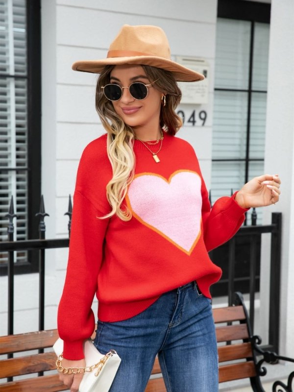 Angel Wings Heart Graphic Round Neck Sweater - ShalayeFashion