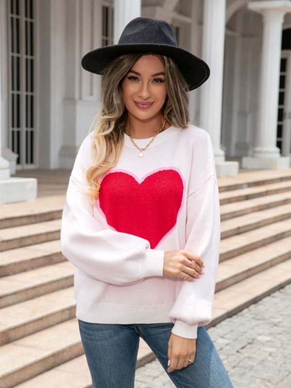 Angel Wings Heart Graphic Round Neck Sweater - ShalayeFashion