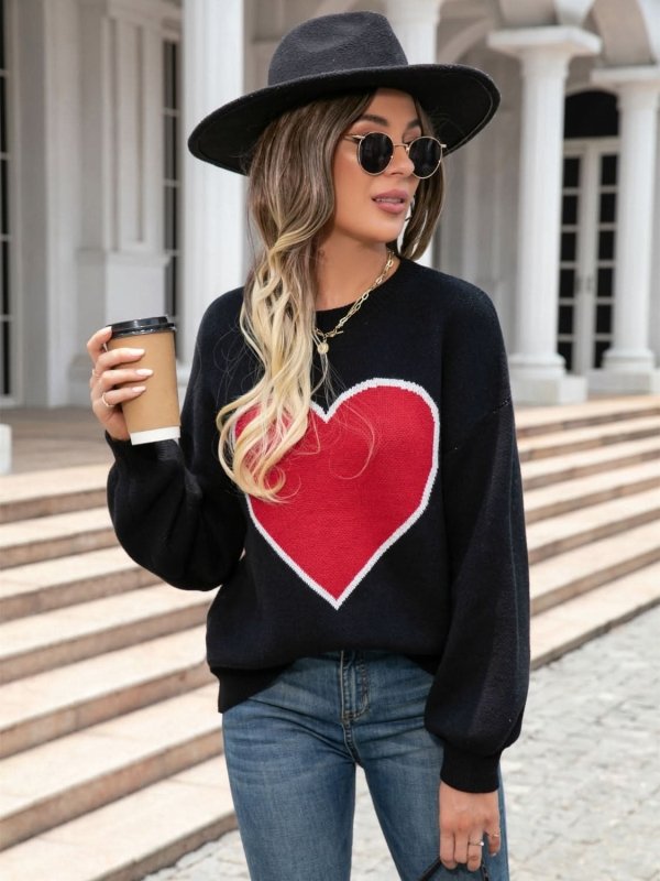 Angel Wings Heart Graphic Round Neck Sweater - ShalayeFashion