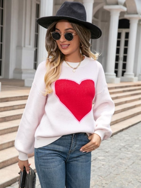 Angel Wings Heart Graphic Round Neck Sweater - ShalayeFashion