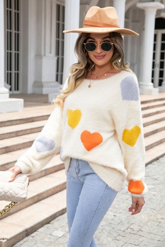 Angel Wings Heart Pattern Round Neck Long Sleeve Sweater - ShalayeFashion