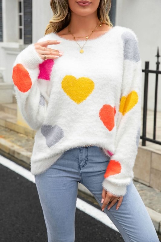 Angel Wings Heart Pattern Round Neck Long Sleeve Sweater - ShalayeFashion