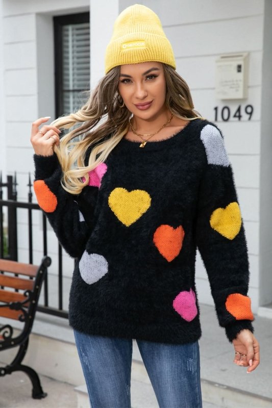 Angel Wings Heart Pattern Round Neck Long Sleeve Sweater - ShalayeFashion