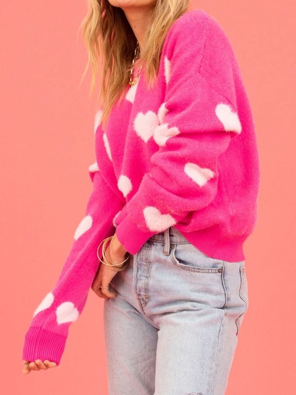 Angel Wings Heart Round Neck Drop Shoulder Sweater - ShalayeFashion