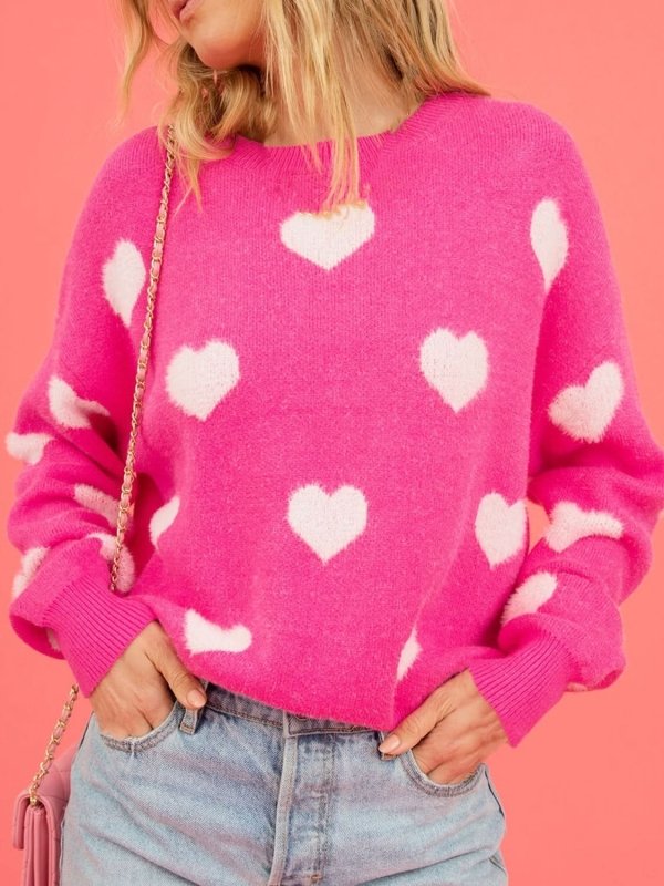Angel Wings Heart Round Neck Drop Shoulder Sweater - ShalayeFashion