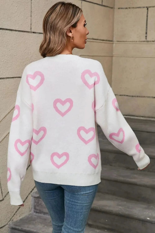Angel Wings Heart Round Neck Dropped Shoulder Long Sleeve Sweater - ShalayeFashion