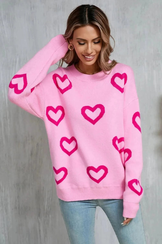 Angel Wings Heart Round Neck Dropped Shoulder Long Sleeve Sweater - ShalayeFashion