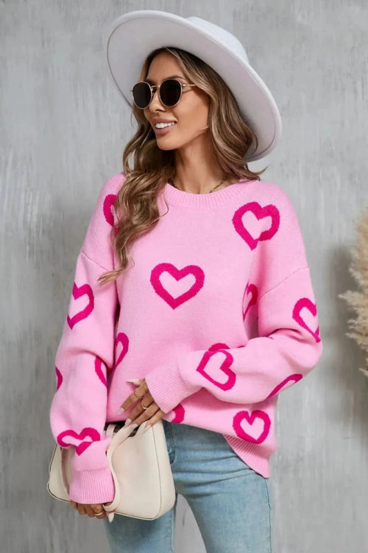 Angel Wings Heart Round Neck Dropped Shoulder Long Sleeve Sweater - ShalayeFashion