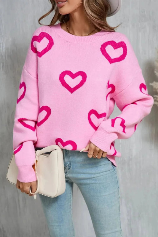 Angel Wings Heart Round Neck Dropped Shoulder Long Sleeve Sweater - ShalayeFashion