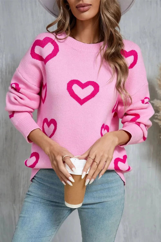 Angel Wings Heart Round Neck Dropped Shoulder Long Sleeve Sweater - ShalayeFashion