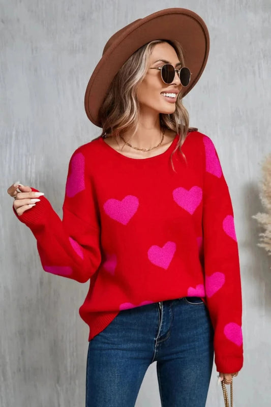 Angel Wings Heart Round Neck Dropped Shoulder Sweater - ShalayeFashion