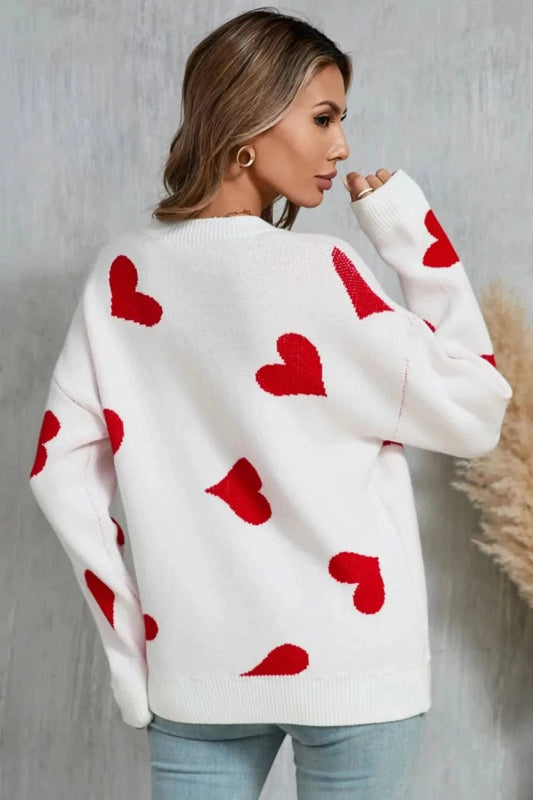 Angel Wings Heart Round Neck Dropped Shoulder Sweater - ShalayeFashion