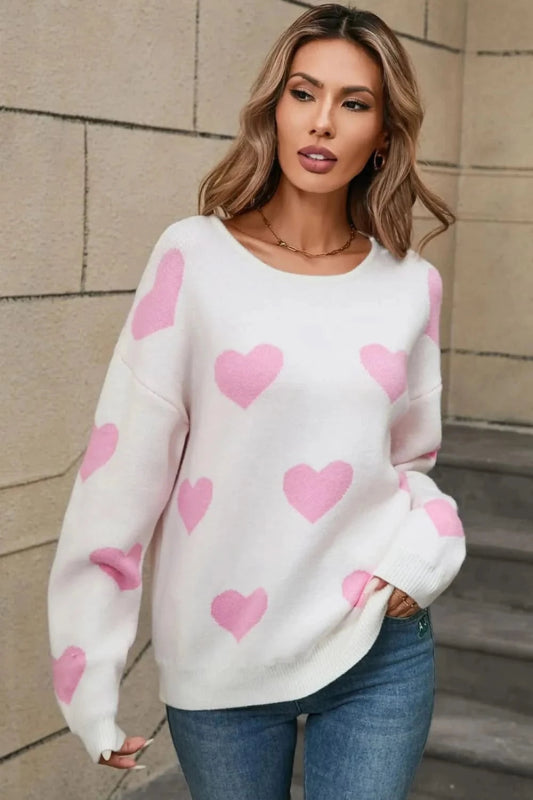 Angel Wings Heart Round Neck Dropped Shoulder Sweater - ShalayeFashion