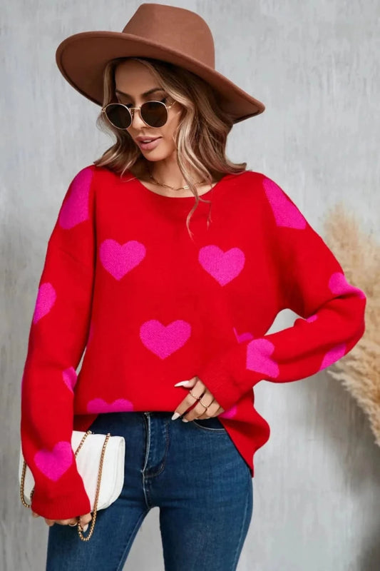 Angel Wings Heart Round Neck Dropped Shoulder Sweater - ShalayeFashion