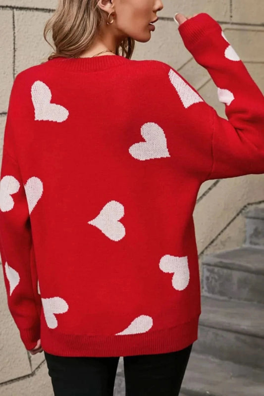 Angel Wings Heart Round Neck Dropped Shoulder Sweater - ShalayeFashion