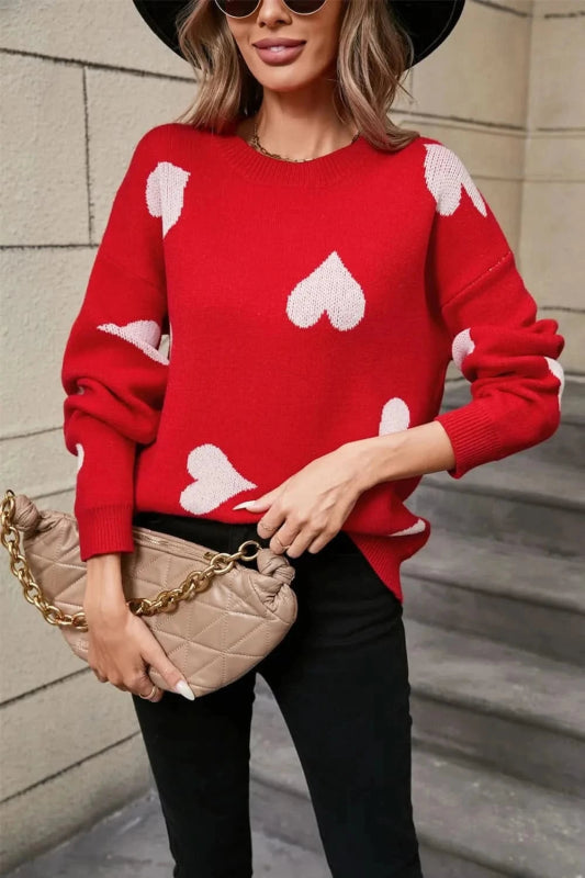 Angel Wings Heart Round Neck Dropped Shoulder Sweater - ShalayeFashion