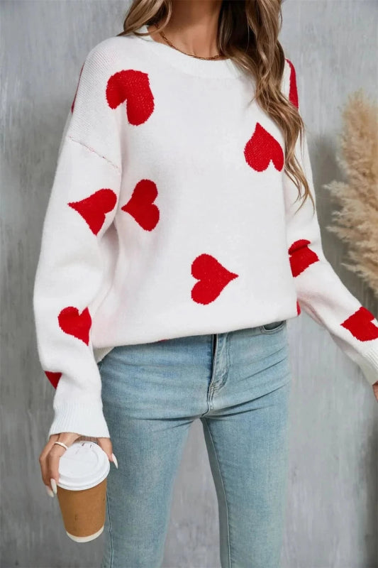 Angel Wings Heart Round Neck Dropped Shoulder Sweater - ShalayeFashion