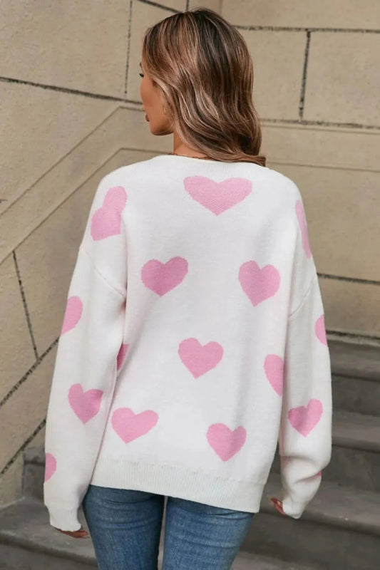 Angel Wings Heart Round Neck Dropped Shoulder Sweater - ShalayeFashion