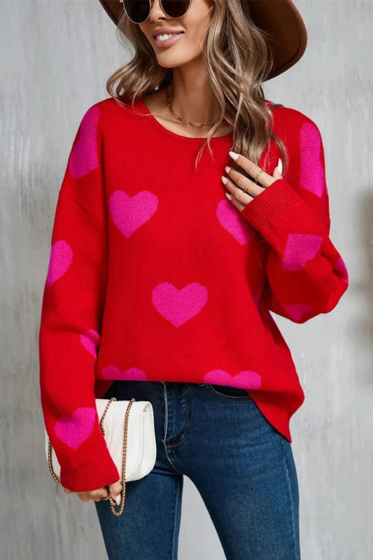 Angel Wings Heart Round Neck Dropped Shoulder Sweater - ShalayeFashion