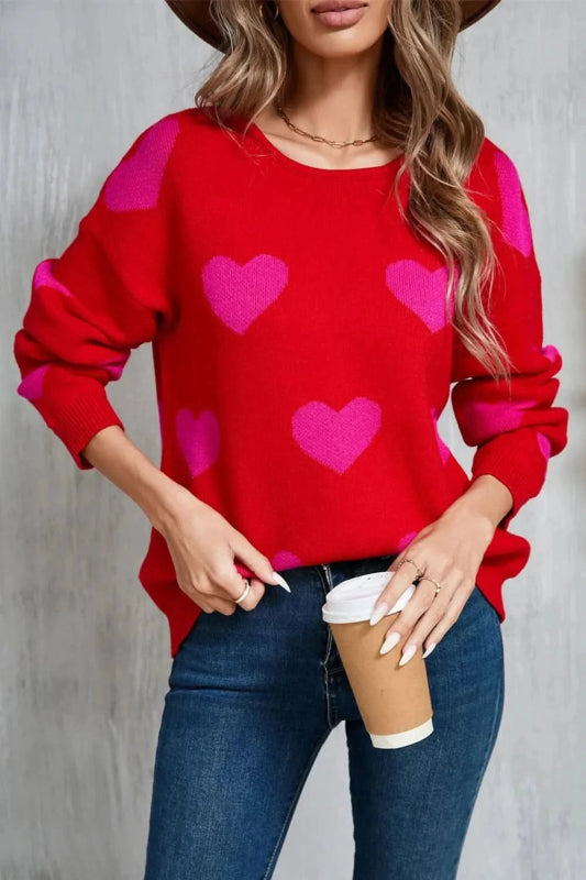 Angel Wings Heart Round Neck Dropped Shoulder Sweater - ShalayeFashion