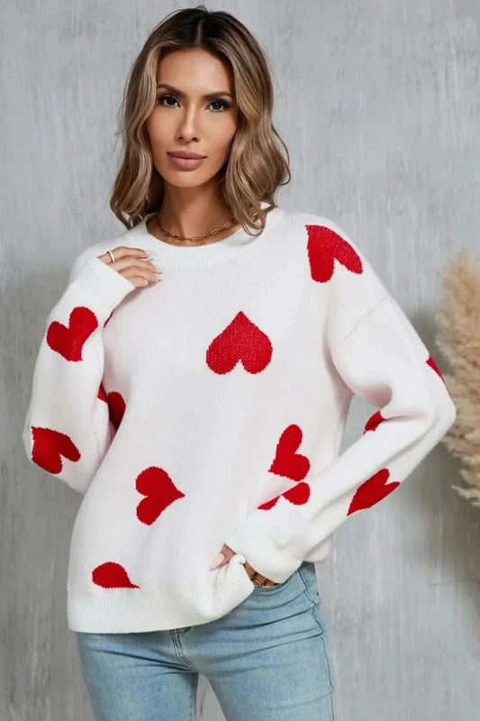 Angel Wings Heart Round Neck Dropped Shoulder Sweater - ShalayeFashion