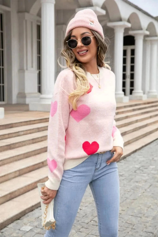Angel Wings Heart Round Neck Droppped Shoulder Sweater - ShalayeFashion