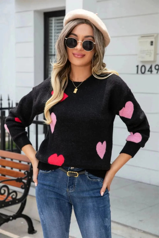 Angel Wings Heart Round Neck Droppped Shoulder Sweater - ShalayeFashion