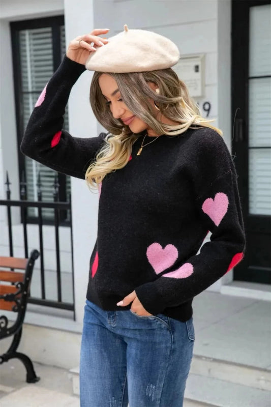 Angel Wings Heart Round Neck Droppped Shoulder Sweater - ShalayeFashion