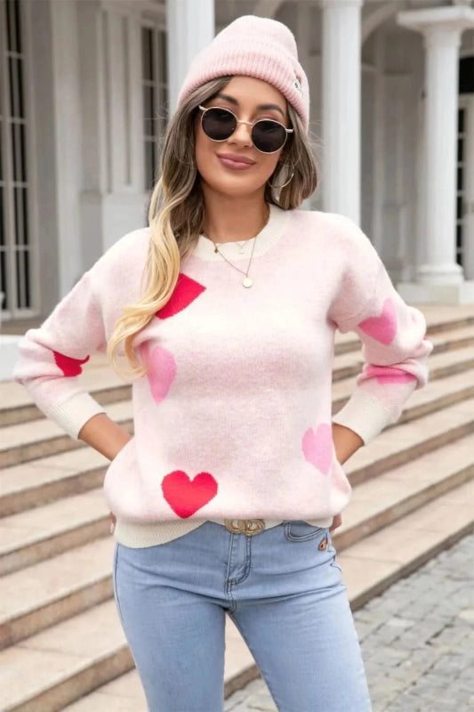 Angel Wings Heart Round Neck Droppped Shoulder Sweater - ShalayeFashion
