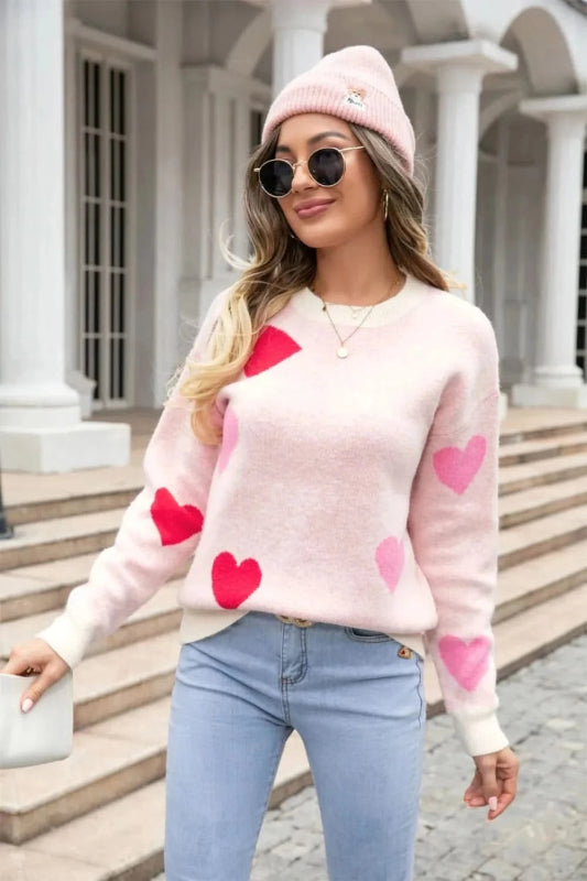 Angel Wings Heart Round Neck Droppped Shoulder Sweater - ShalayeFashion