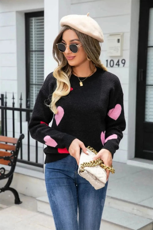 Angel Wings Heart Round Neck Droppped Shoulder Sweater - ShalayeFashion