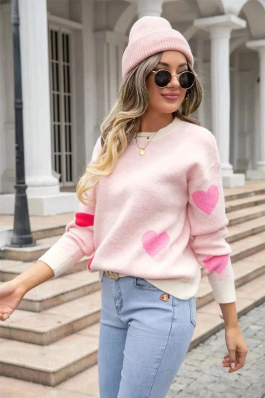 Angel Wings Heart Round Neck Droppped Shoulder Sweater - ShalayeFashion