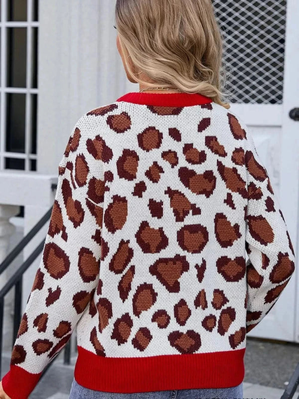Angel Wings Leopard Round Neck Long Sleeve Sweater - ShalayeFashion
