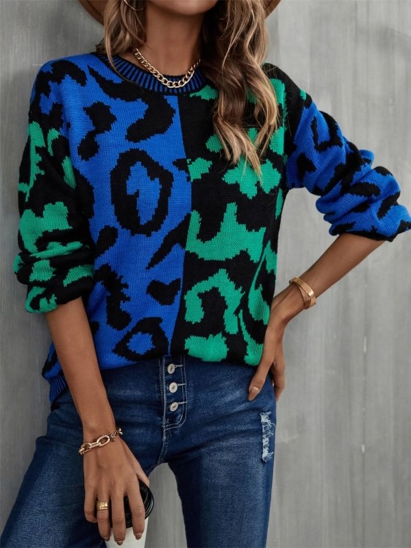 Angel Wings Leopard Round Neck Long Sleeve Sweater - ShalayeFashion