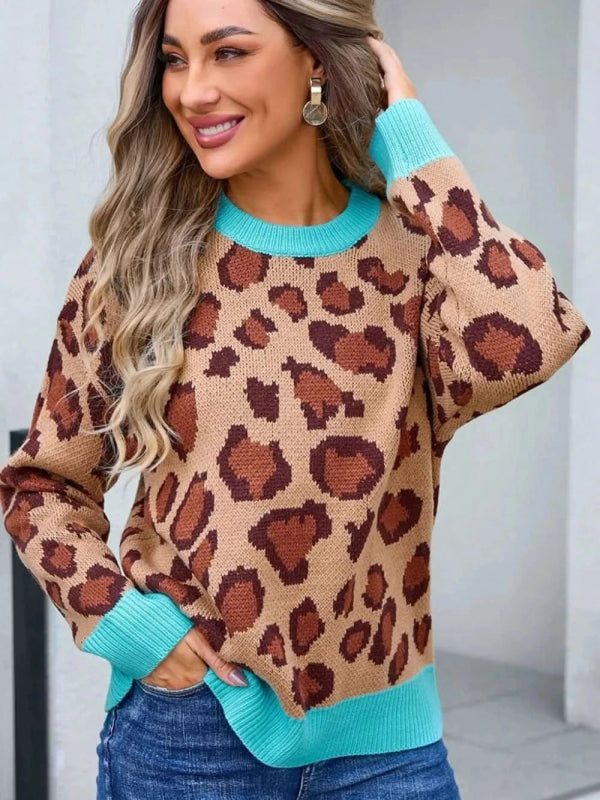 Angel Wings Leopard Round Neck Long Sleeve Sweater - ShalayeFashion