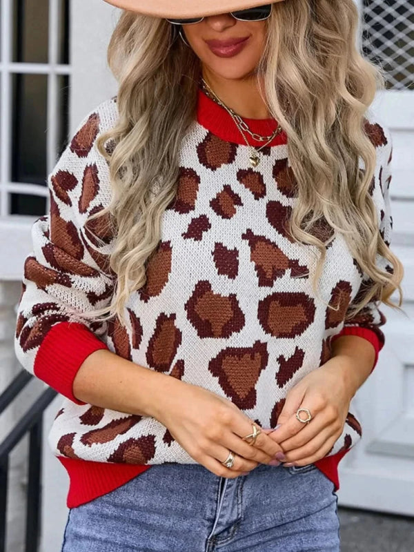 Angel Wings Leopard Round Neck Long Sleeve Sweater - ShalayeFashion